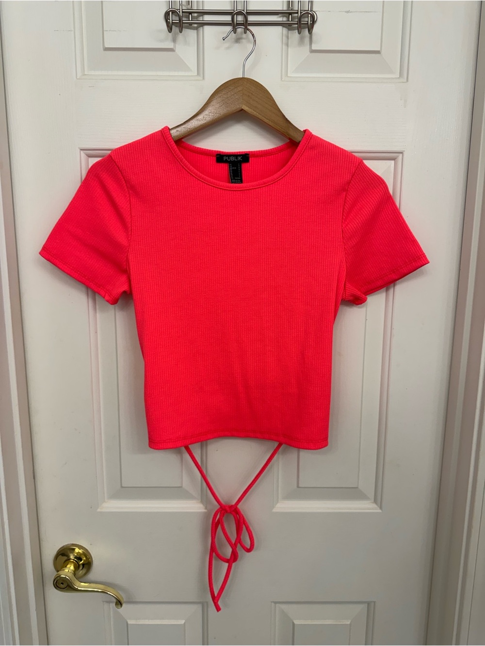 Publik Neon Pink Ribbed Tie-Back Crop Top
